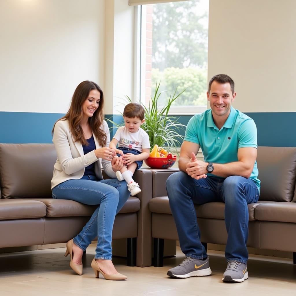 A family feeling comfortable and reassured in the waiting area of San Jose Hospital.