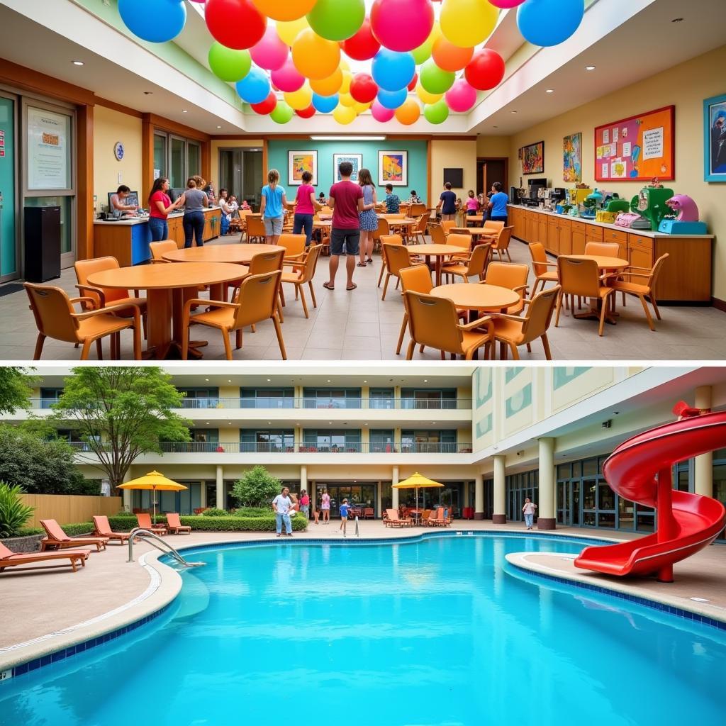 Family-friendly hotel amenities: a vibrant kids' club and a sparkling swimming pool.