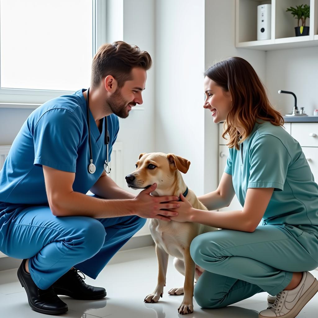 Pet owner and their dog during their first visit at the veterinary hospital