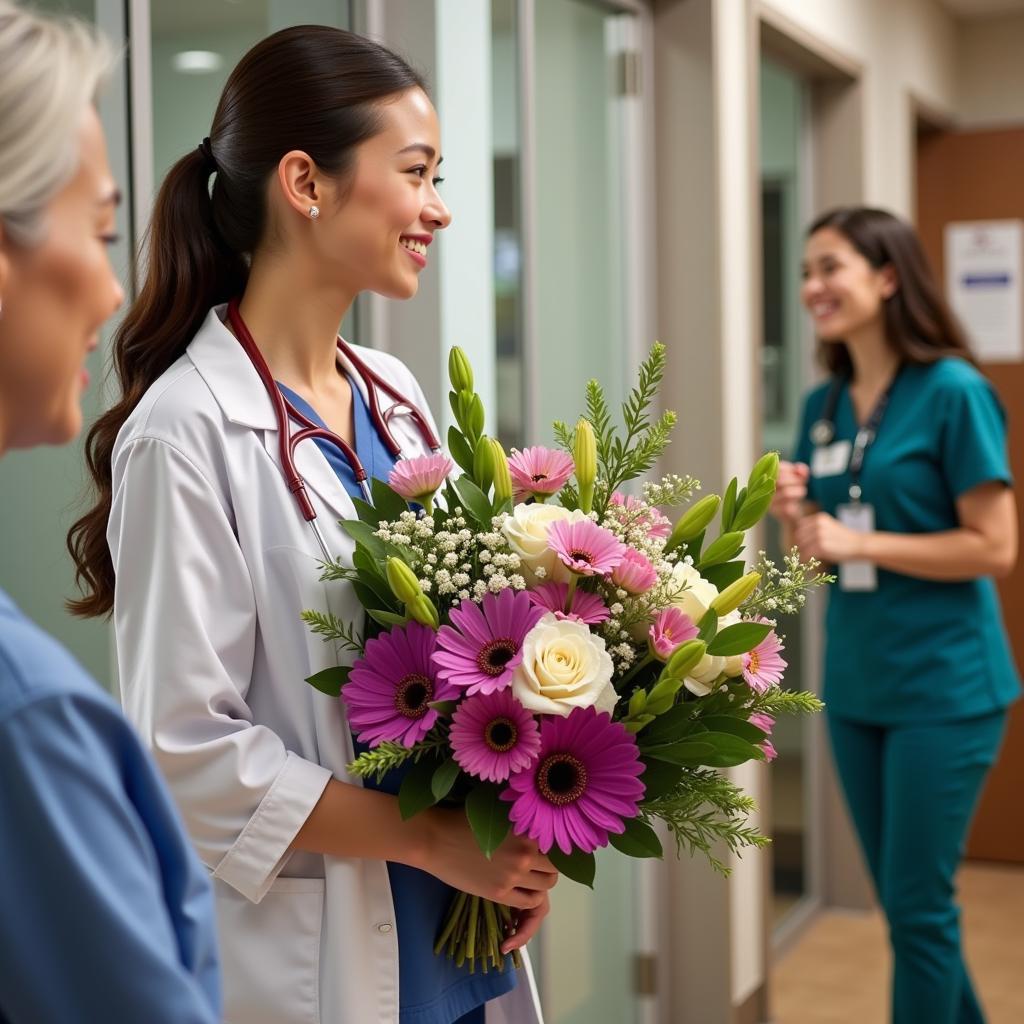 Florist delivering flowers to a patient at San Jose Hospital