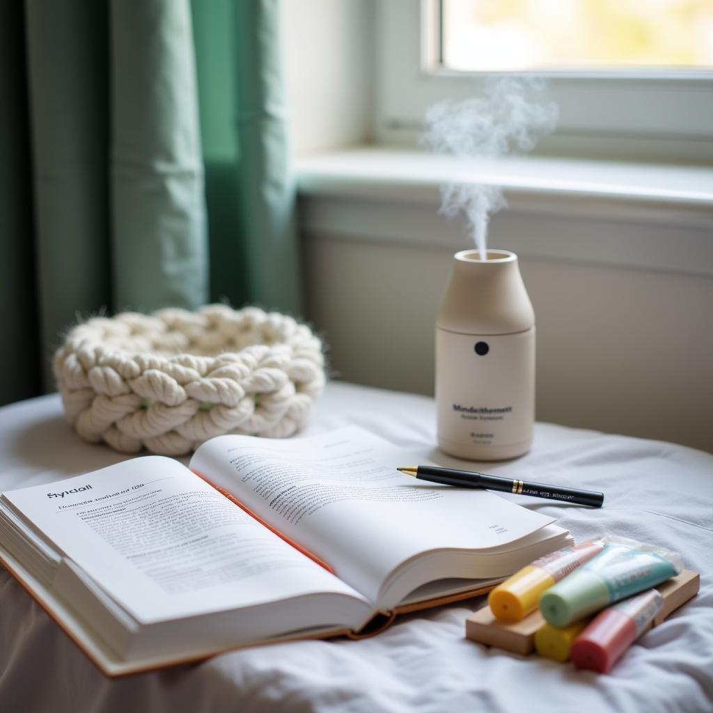 Mindfulness journal, aromatherapy diffuser, and hand lotions for men in hospital.