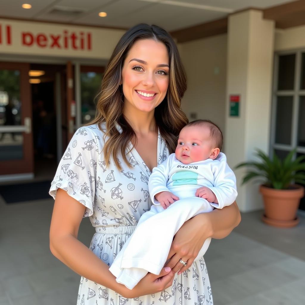 Mom and baby in matching outfits ready to go home from the hospital.