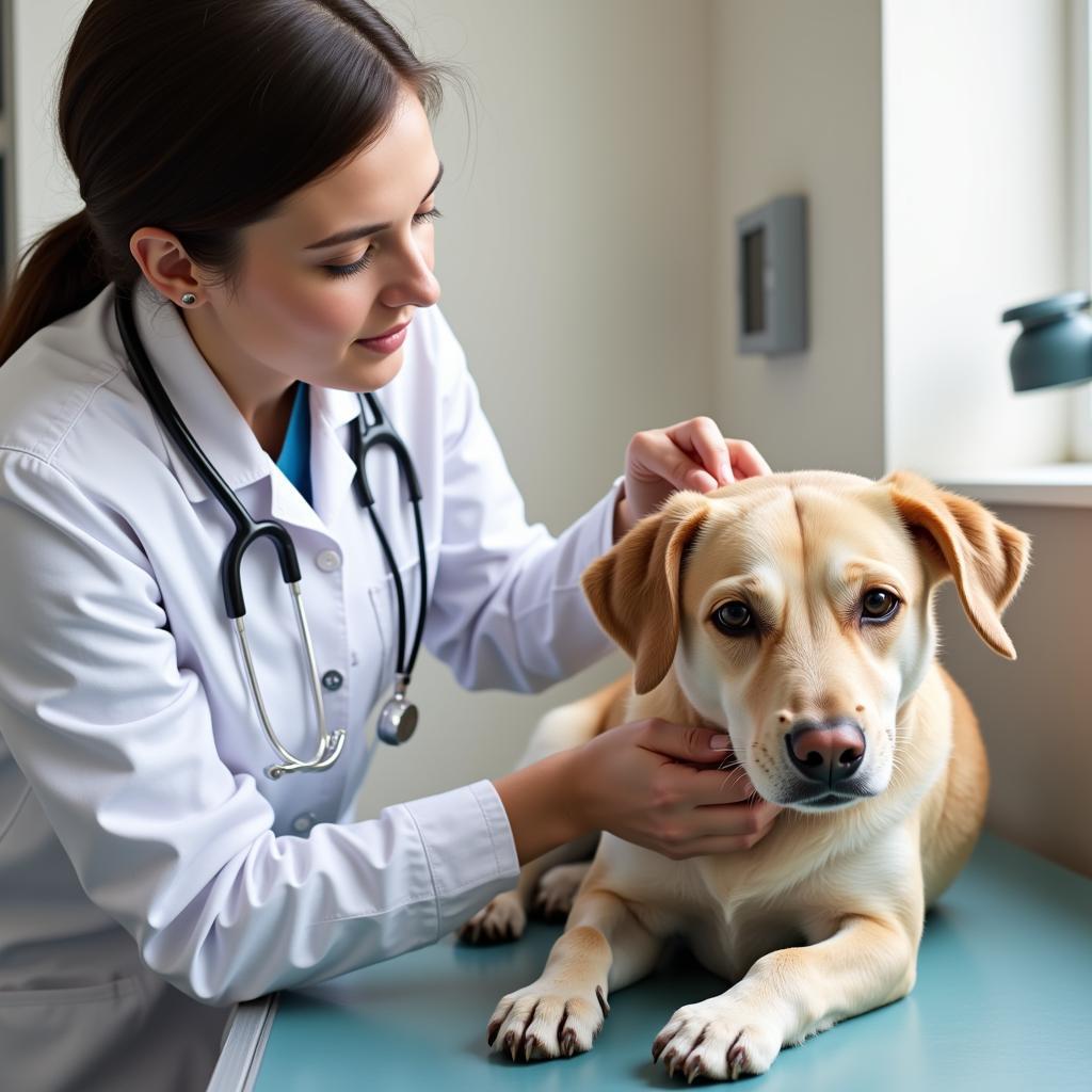 Veterinarian examining a dog in a bright and clean exam room in Granbury TX