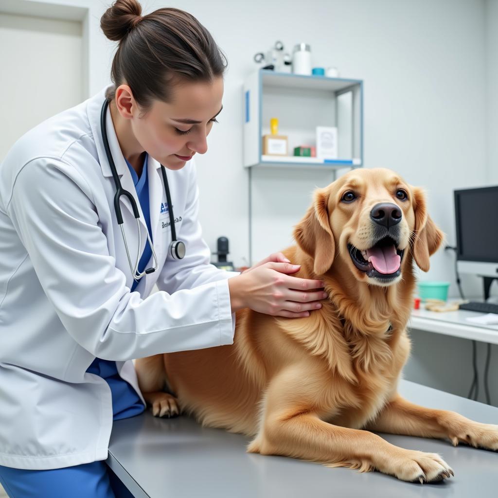 Veterinarian examining a dog in a clean and modern exam room