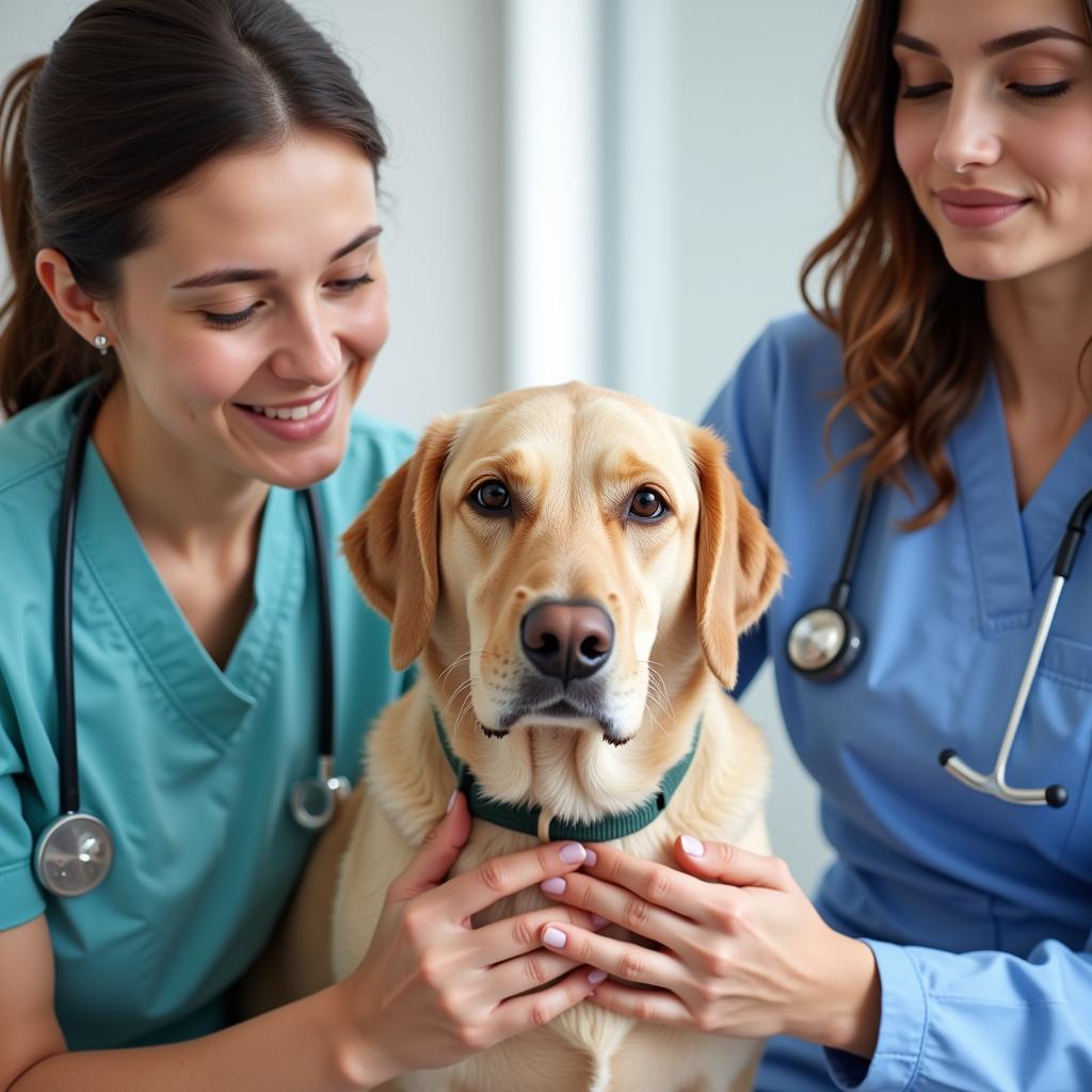 Caring staff interacting with a pet in a Gulf Breeze animal hospital