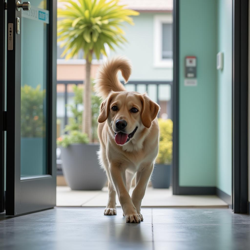 A happy and healthy dog leaving an Andover animal hospital