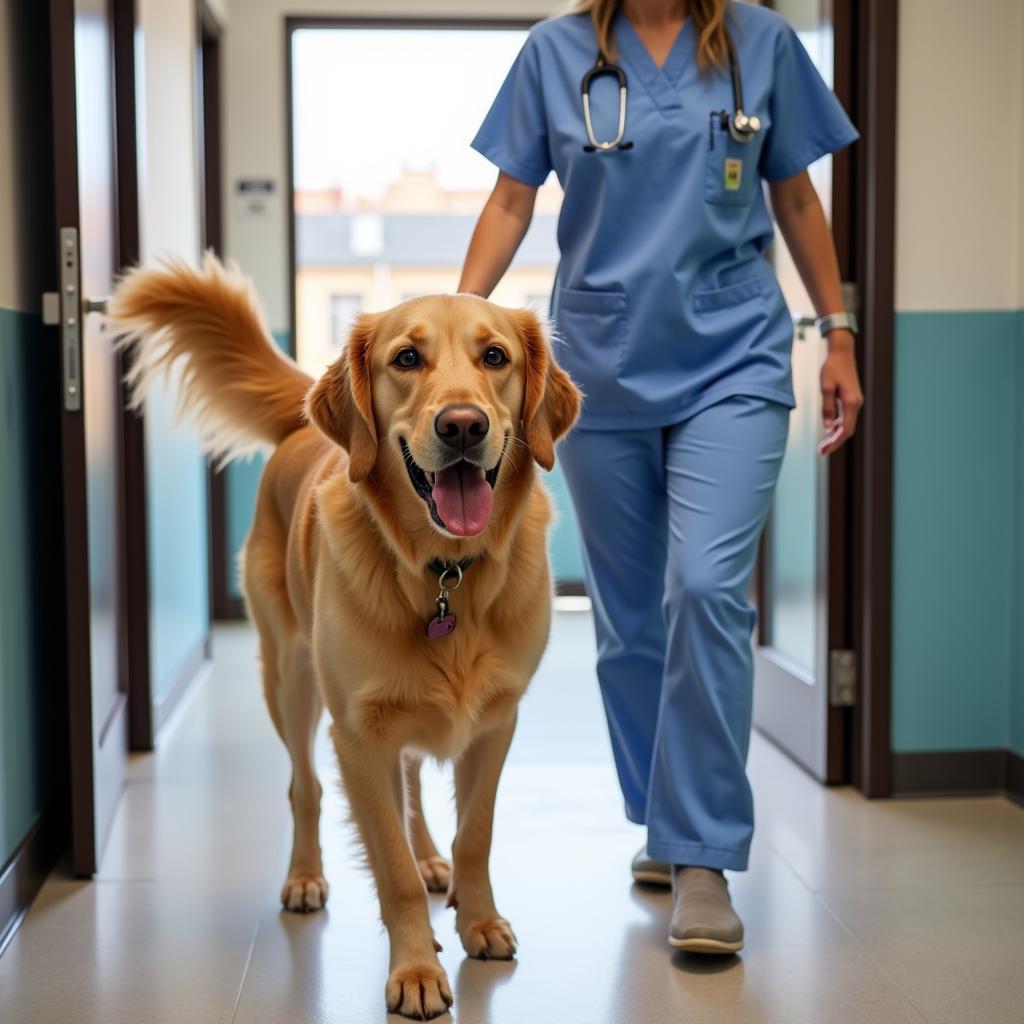 A happy and healthy dog leaving an animal hospital in Fairfield, NJ, after a successful checkup.