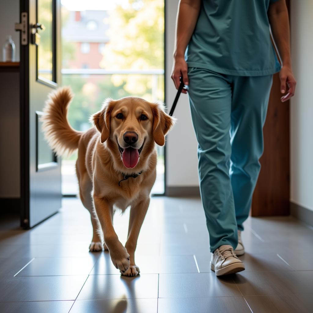 A happy dog leaving the Gilroy veterinary hospital after a check-up.