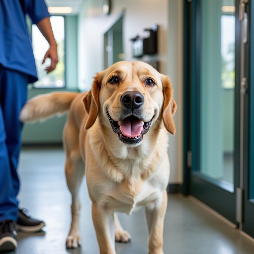 A happy and healthy dog leaving Lakeway Veterinary Hospital after a check-up