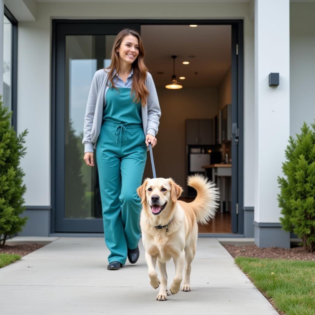 A happy dog leaving a Milan animal hospital after a check-up