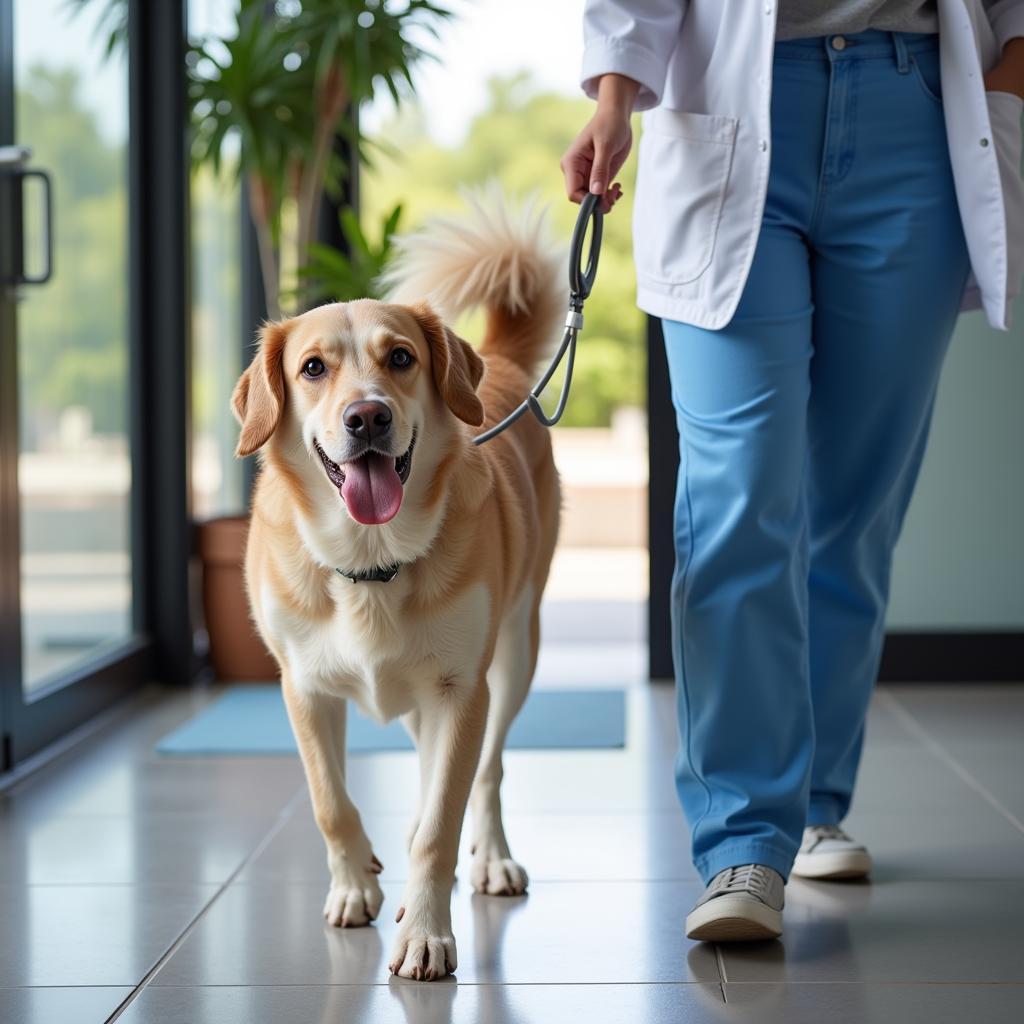 A happy and healthy dog leaving a Saratoga Springs vet hospital after a checkup