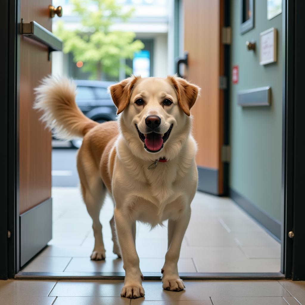 A happy dog leaving South Heritage Animal Hospital after a check-up