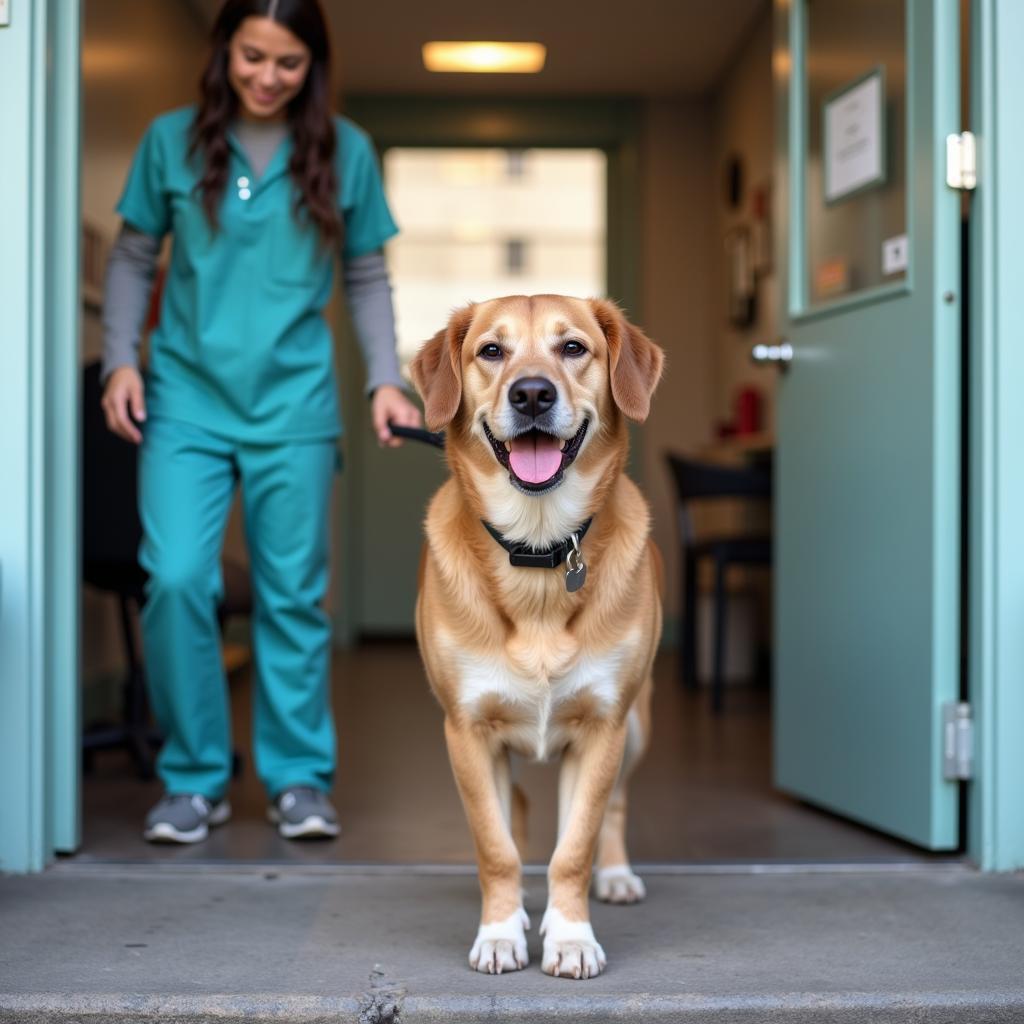 Happy Dog Leaving Vet Clinic After Successful Check-up