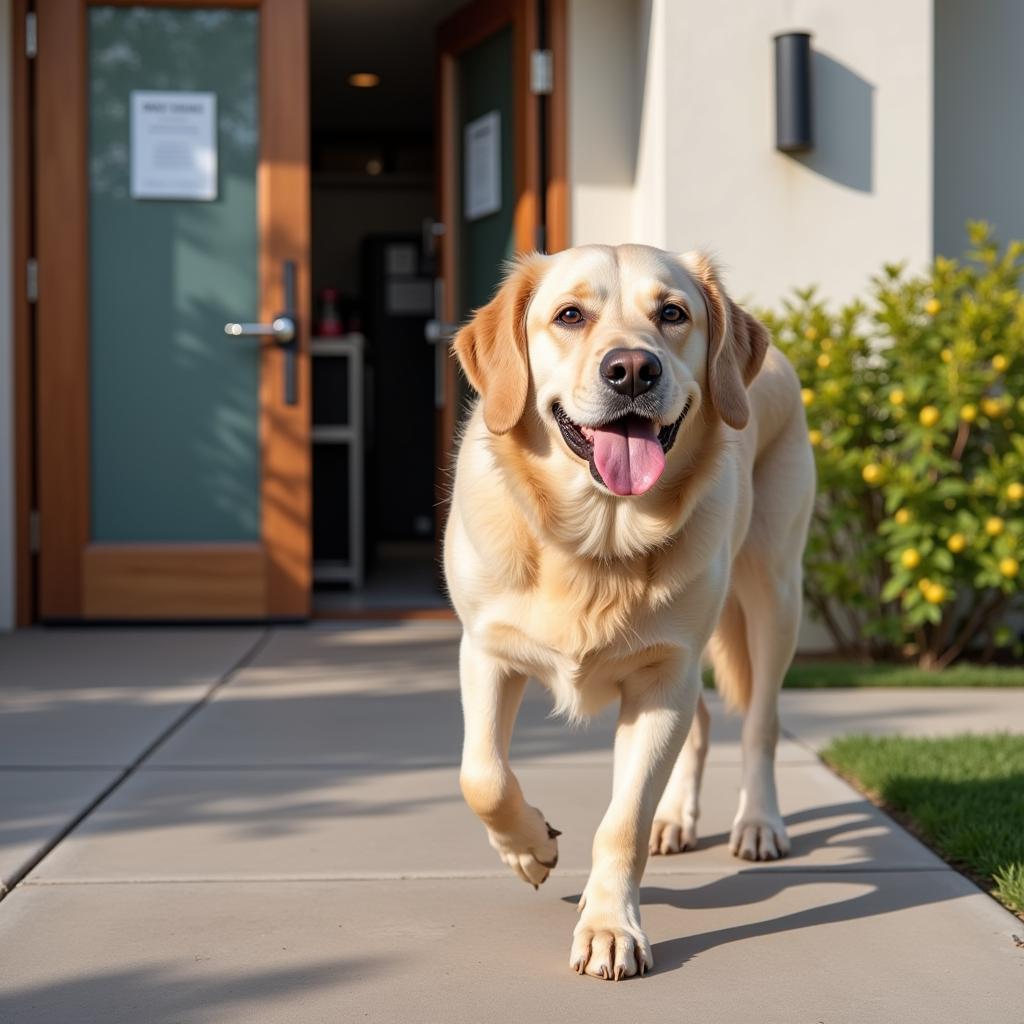 A happy dog leaving a veterinary clinic in La Quinta, CA