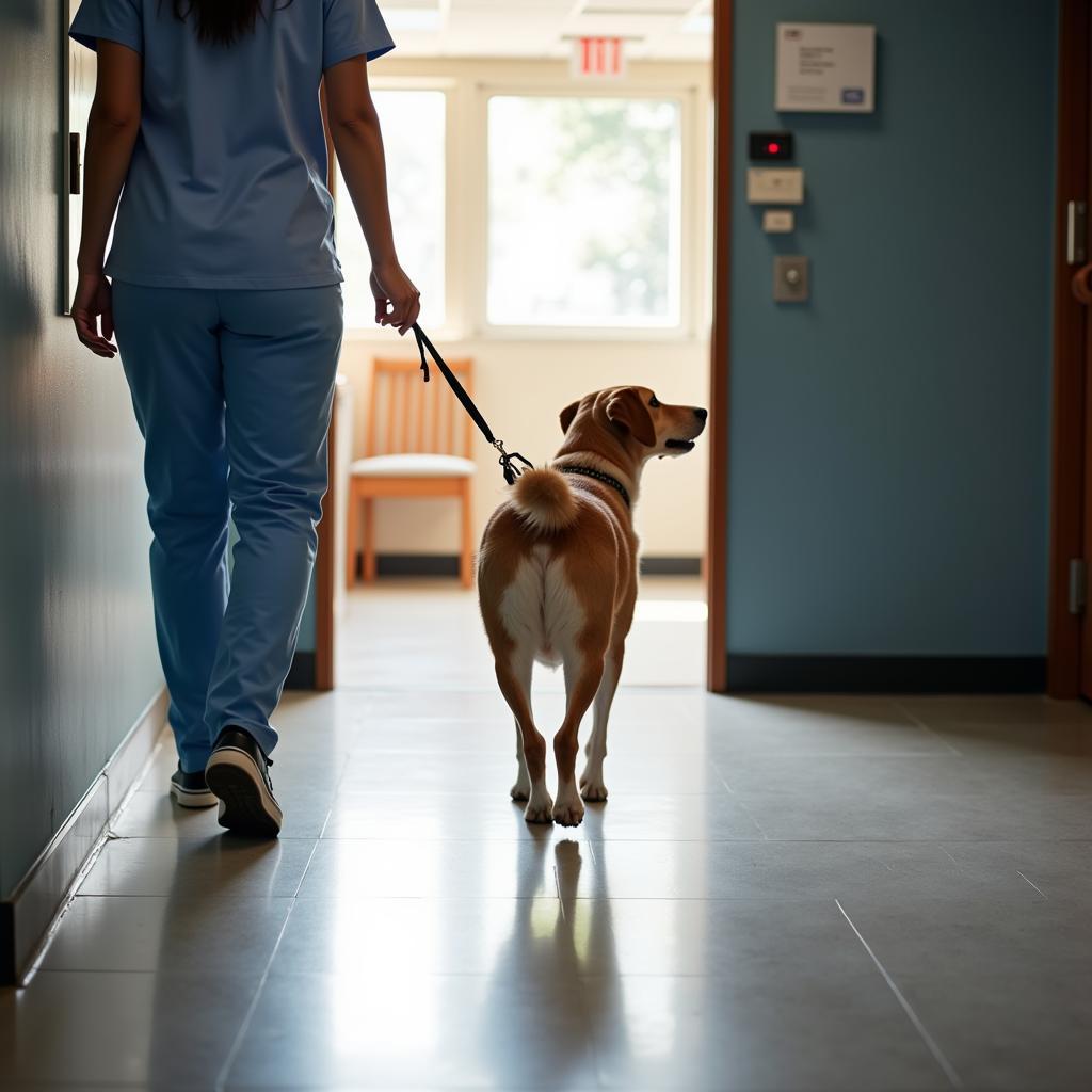 A happy dog leaving the veterinary hospital after a check-up