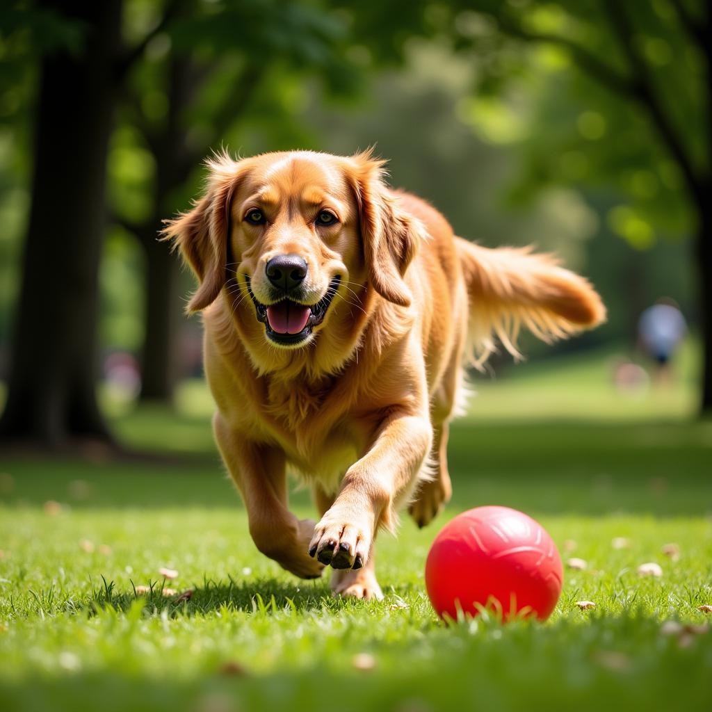 A happy, healthy dog playing fetch in a park