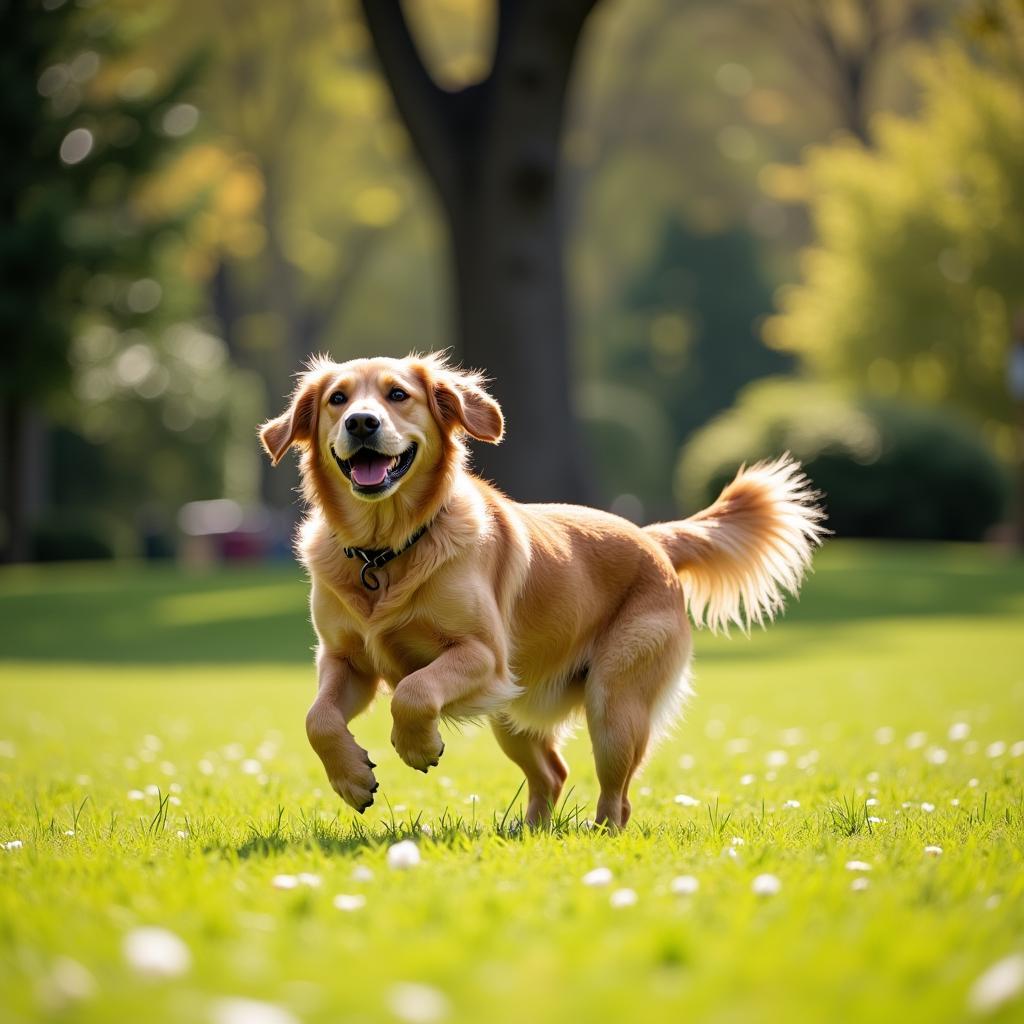 A happy, healthy dog playing fetch in a park