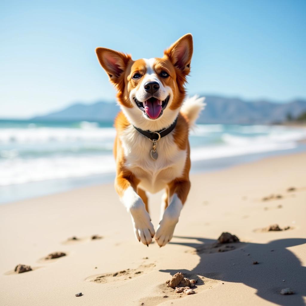 A happy, healthy dog playing on the beach in Port Hueneme.