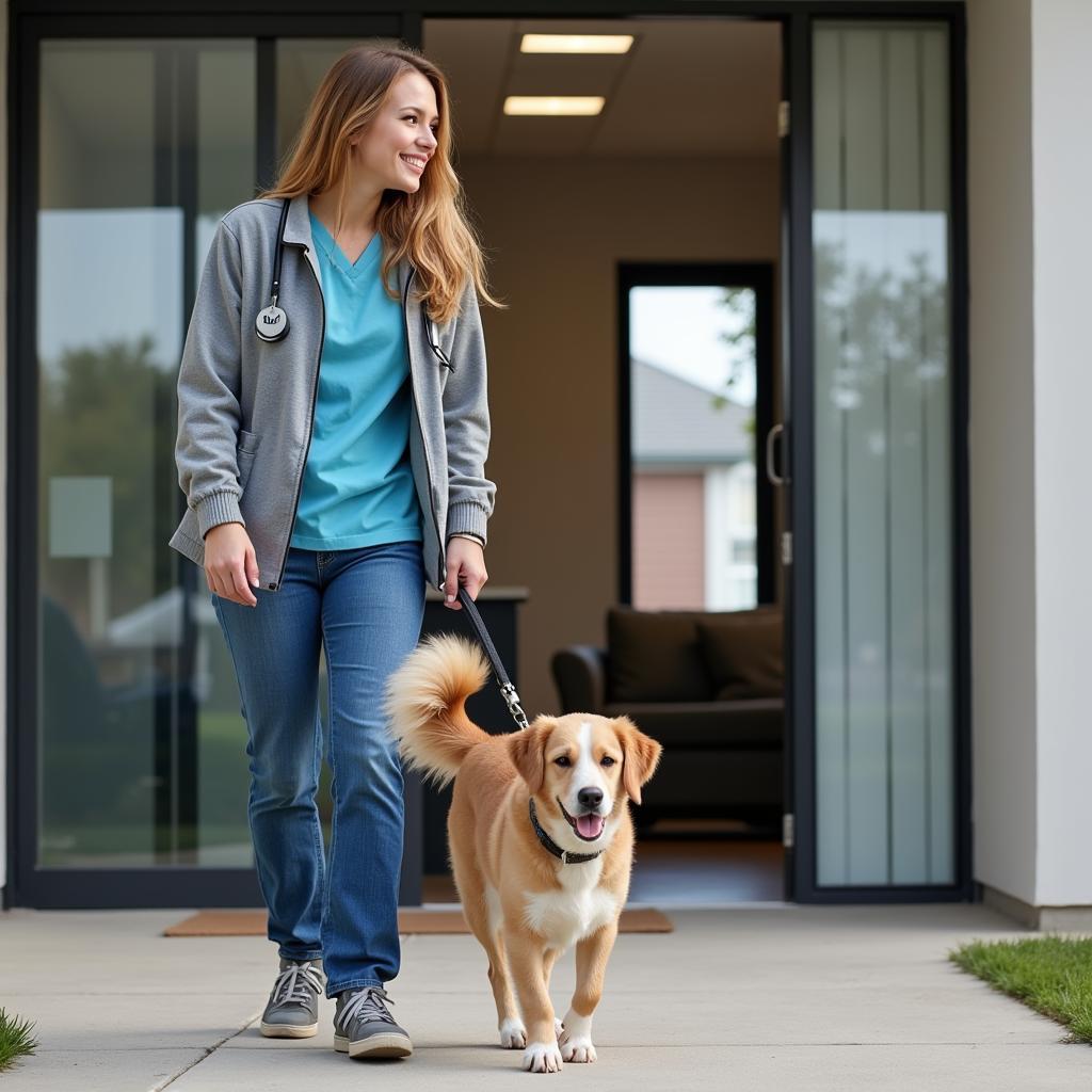 Happy Pet Owner Leaving Albertville Animal Hospital