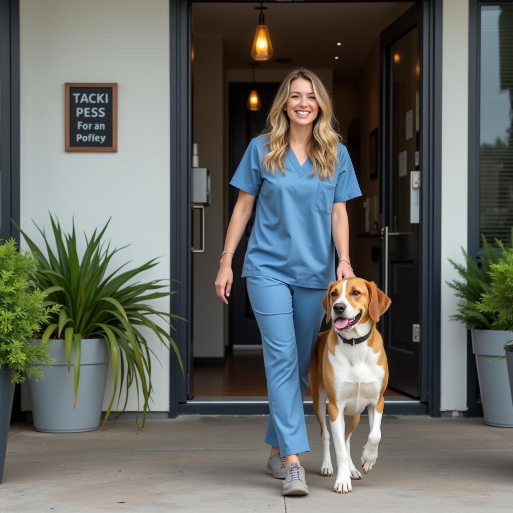 Happy Pet Owner and Healthy Dog Leaving Balcones Animal Hospital