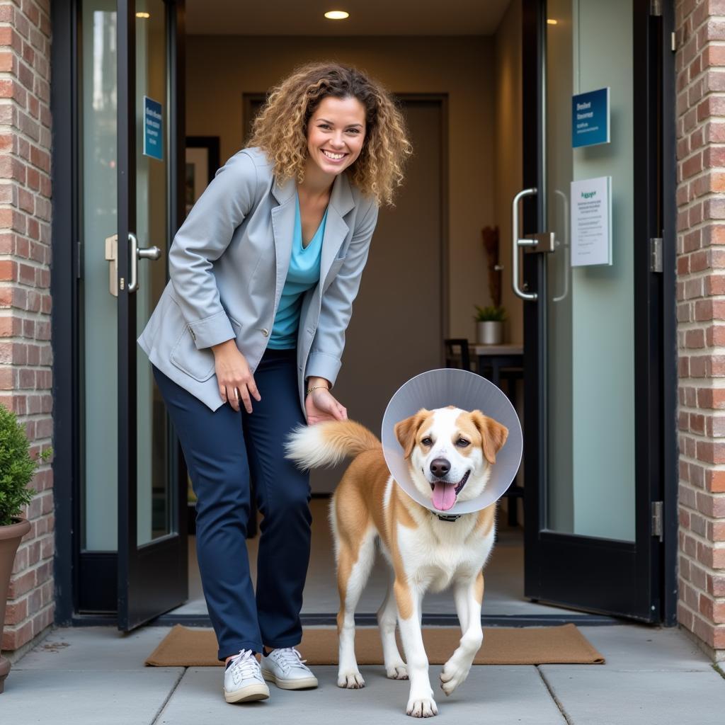 Happy pet owner leaving the veterinary hospital with their healthy pet