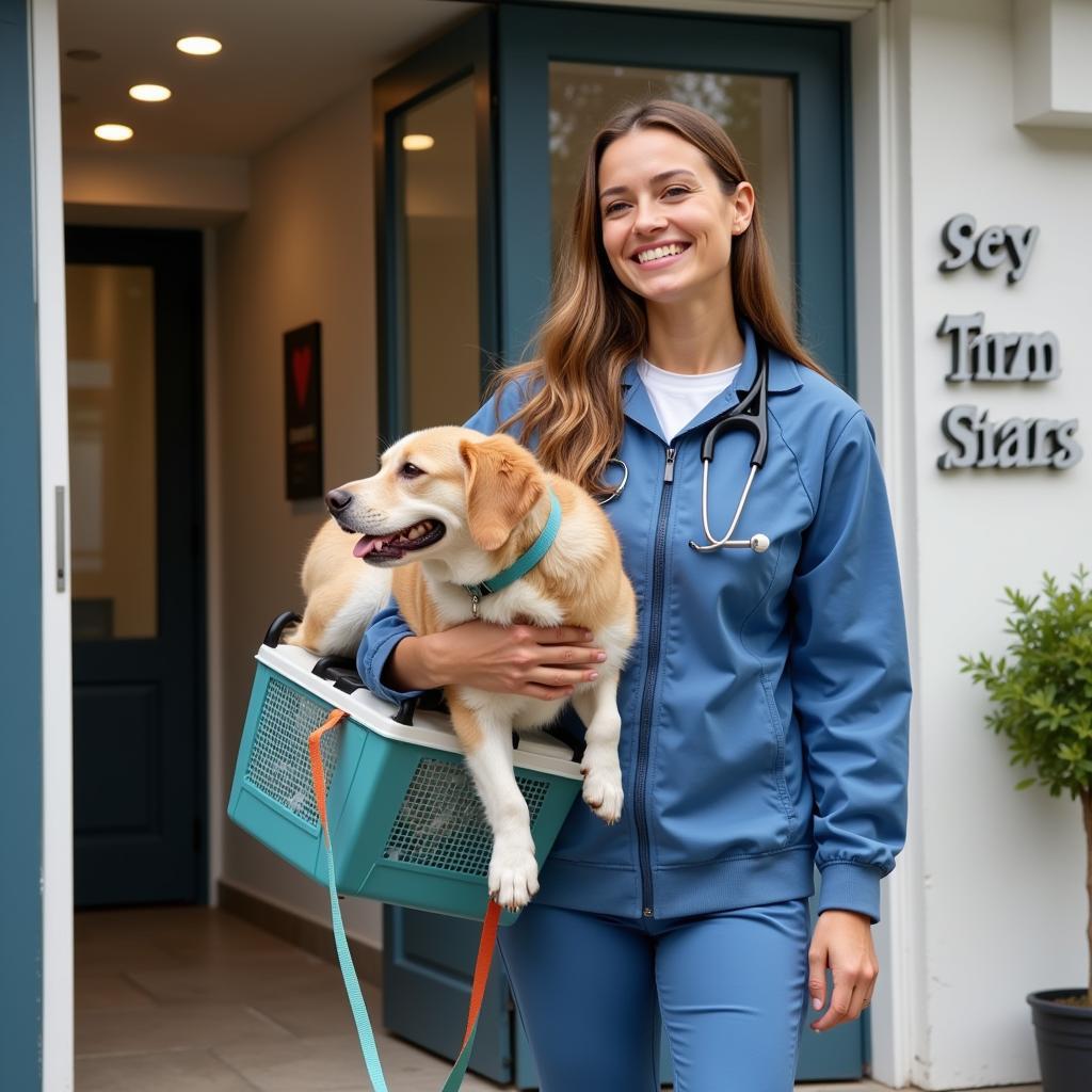 Happy pet owner leaving the veterinary clinic