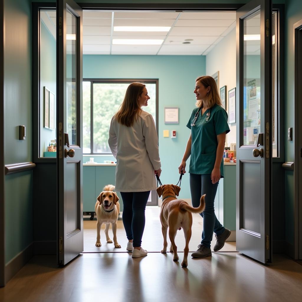 Happy pet owner leaving the veterinary clinic in Alum Rock