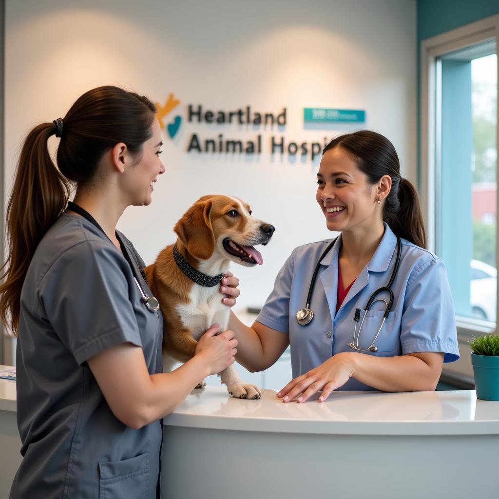 Happy Pet Owner with Dog at Vet Clinic