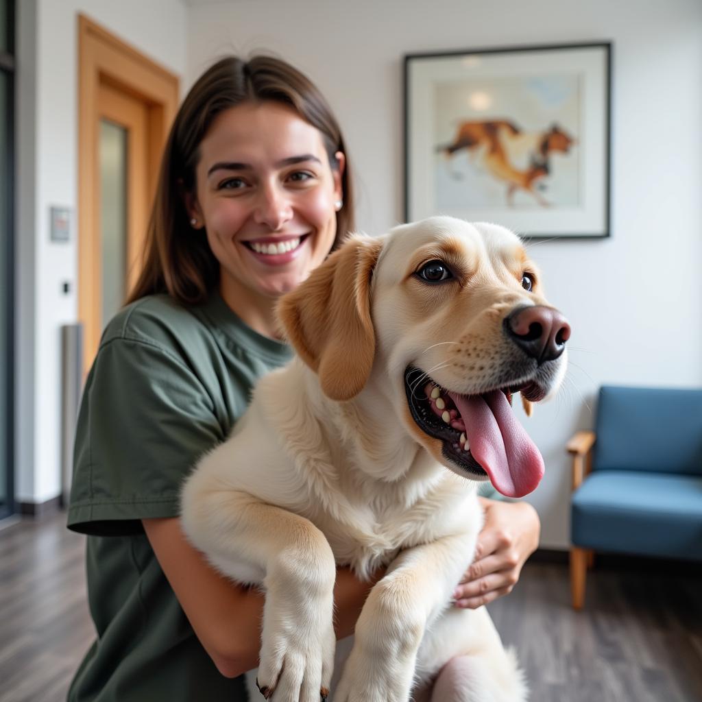 Happy Pet Owner with Dog at Vet in Lake Houston