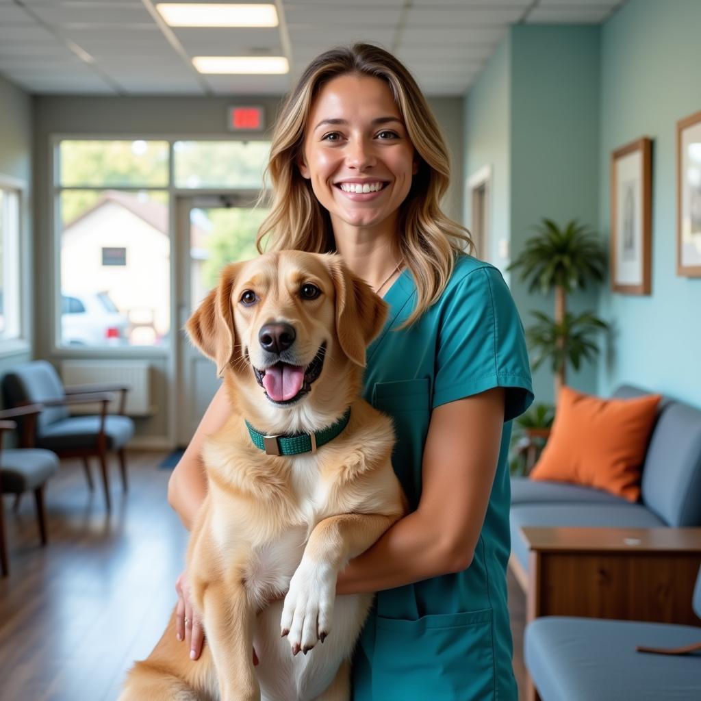 Happy Pet Owner with Dog at Vet Clinic