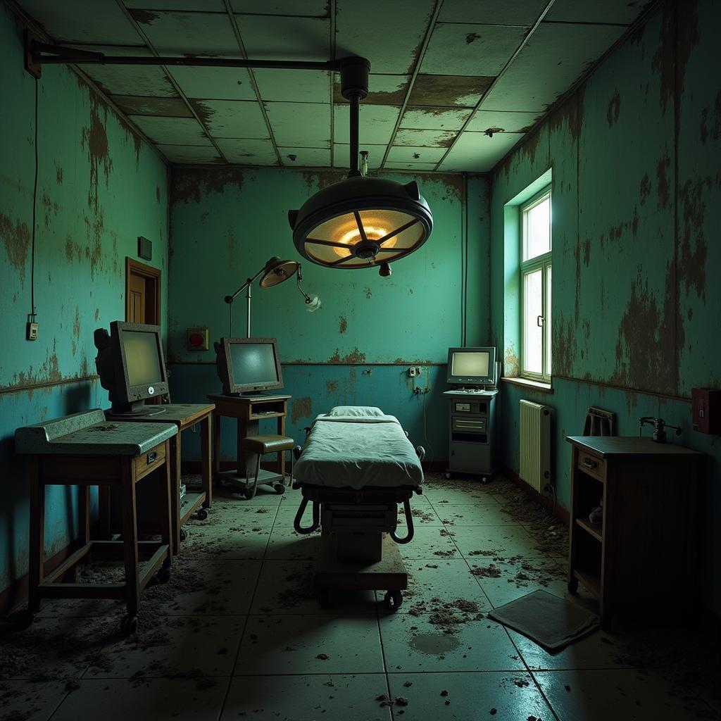 A decaying operating room in the abandoned Eldora hospital with rusty medical equipment and a flickering light.