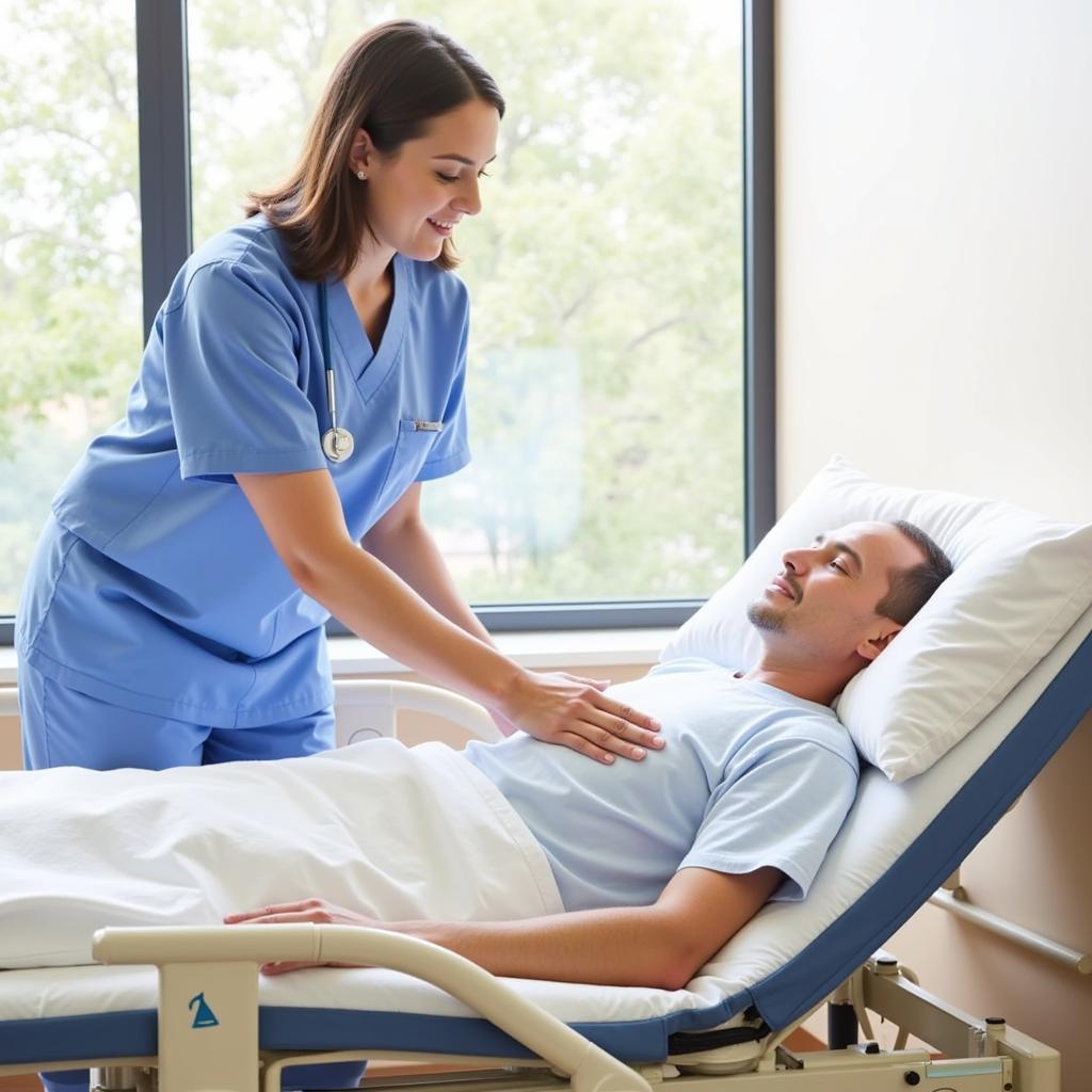 Healthcare Professional Adjusting a Hospital Twin Bed