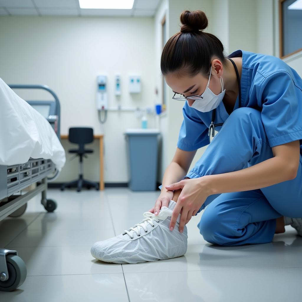 Healthcare Worker Applying Shoe Cover