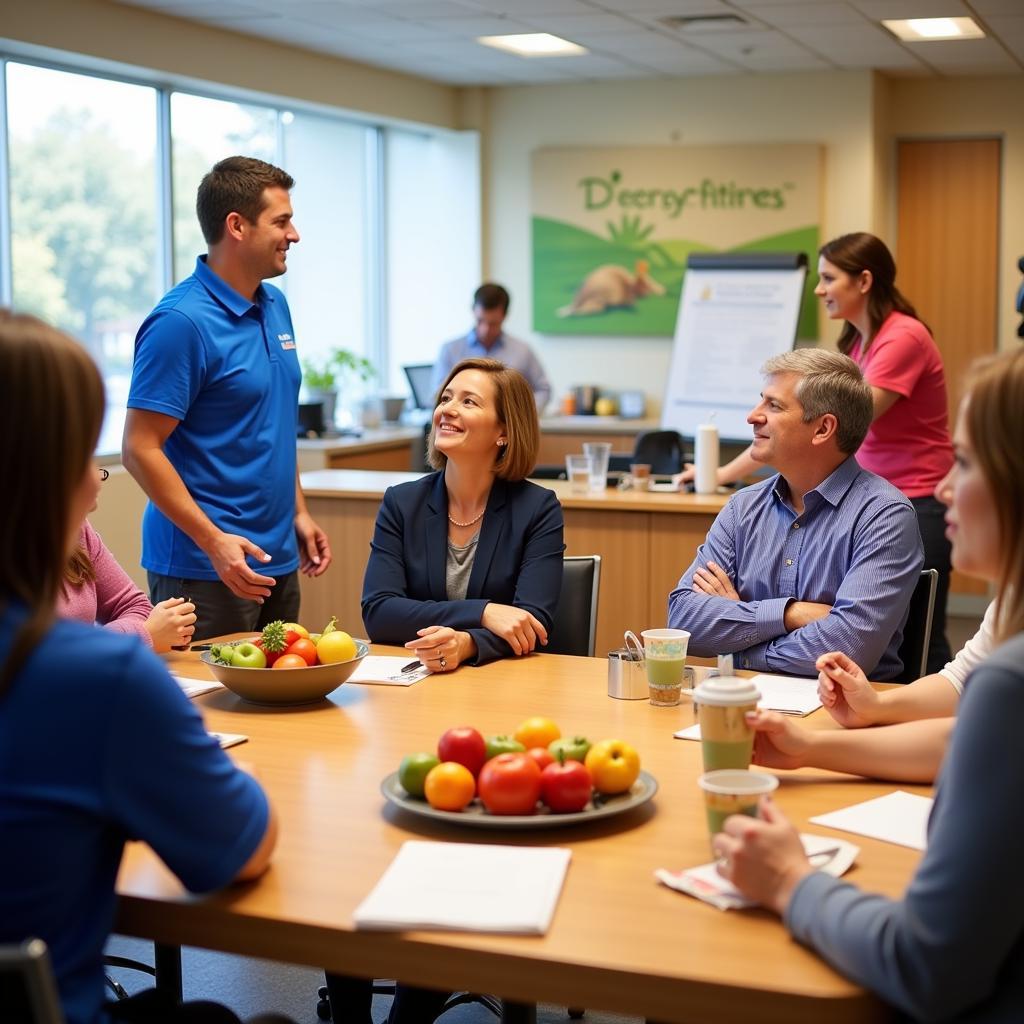 Participants engage in a lively discussion about healthy recipes and exercise routines during a Hoag Hospital nutrition and fitness class.