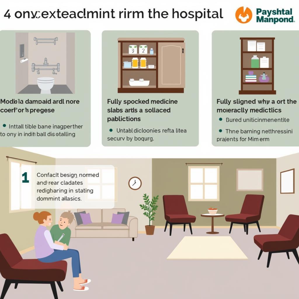 Home preparations for post-hospital recovery: grab bars, stocked medicine cabinet, comfortable seating.