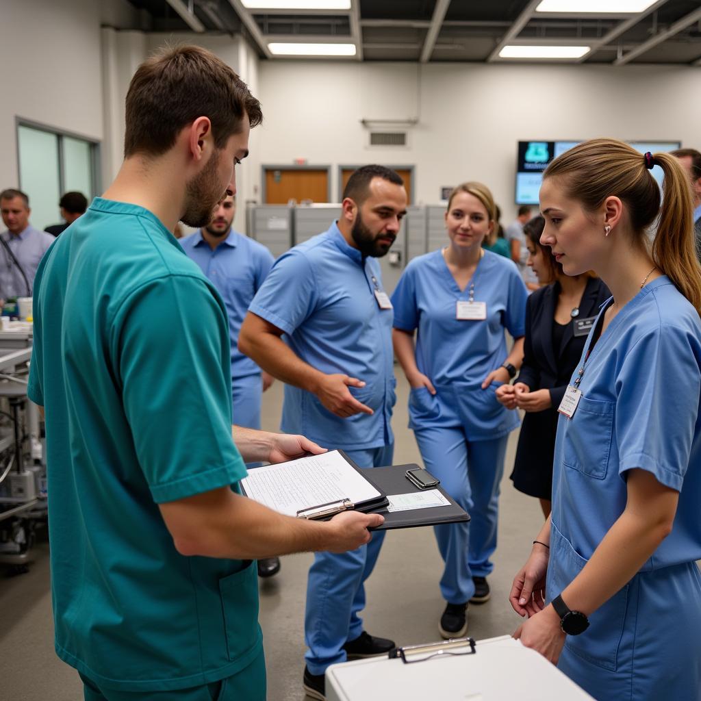 Participants inspecting equipment at a hospital auction