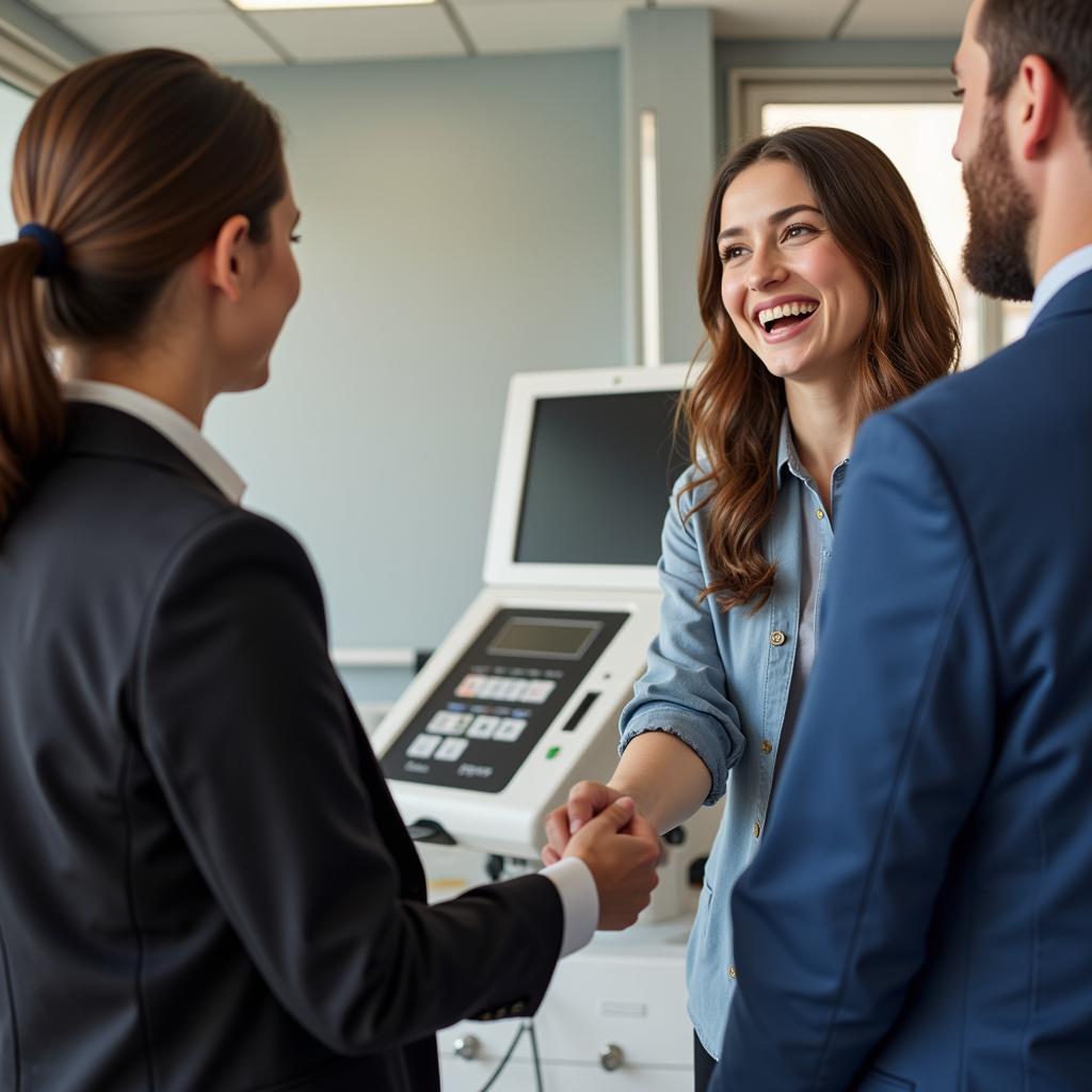 A successful bidder at a hospital auction shaking hands with the auctioneer