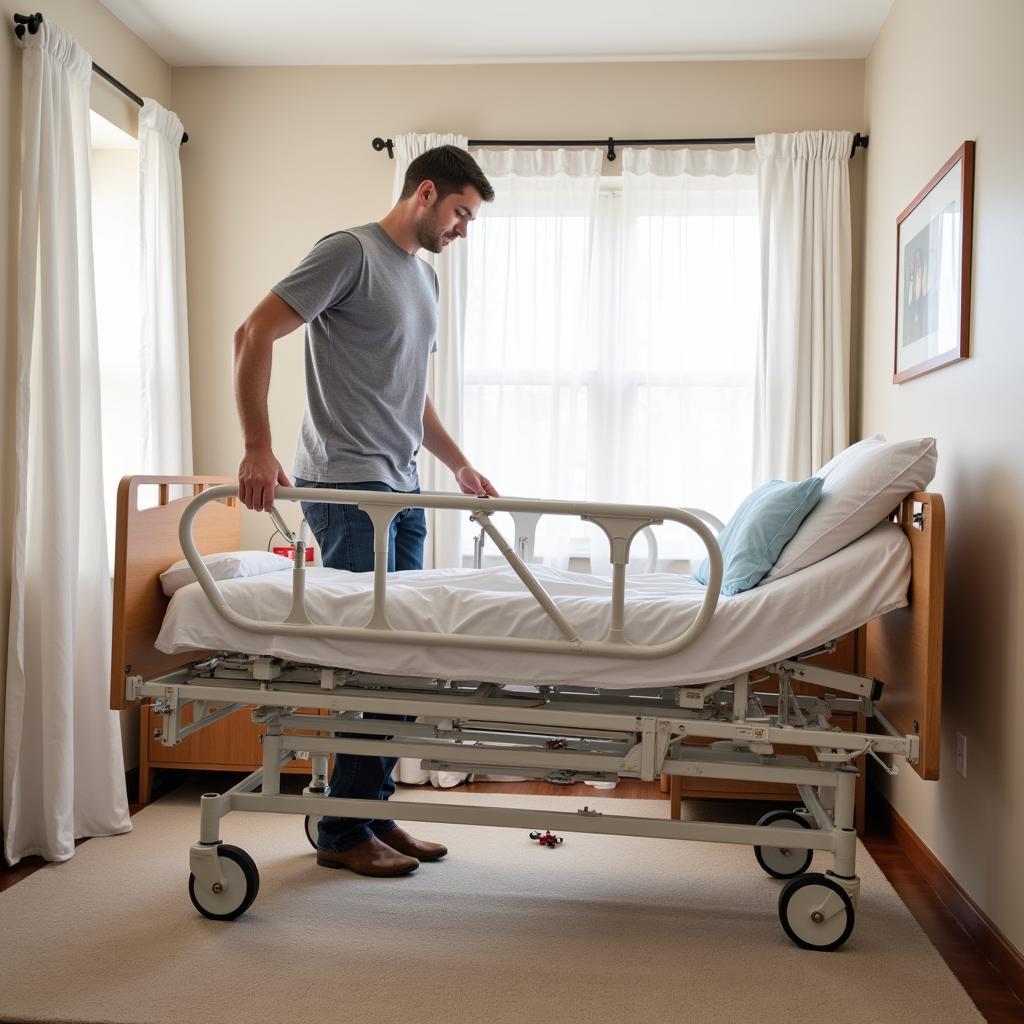 Hospital bed being reassembled at a patient's home.