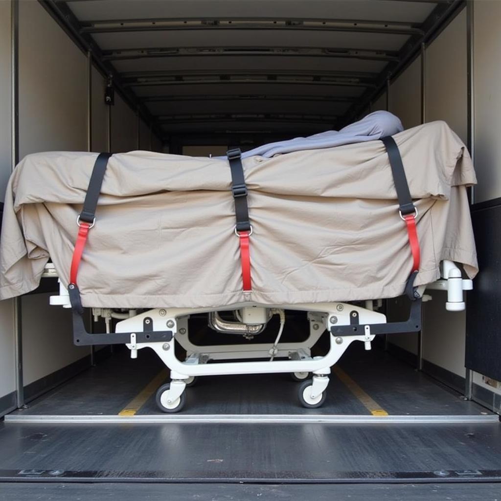 Hospital bed secured inside a moving truck for transport.