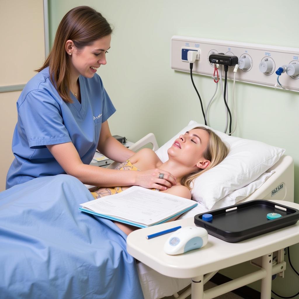 A nurse interacting with a patient using a hospital bed table.