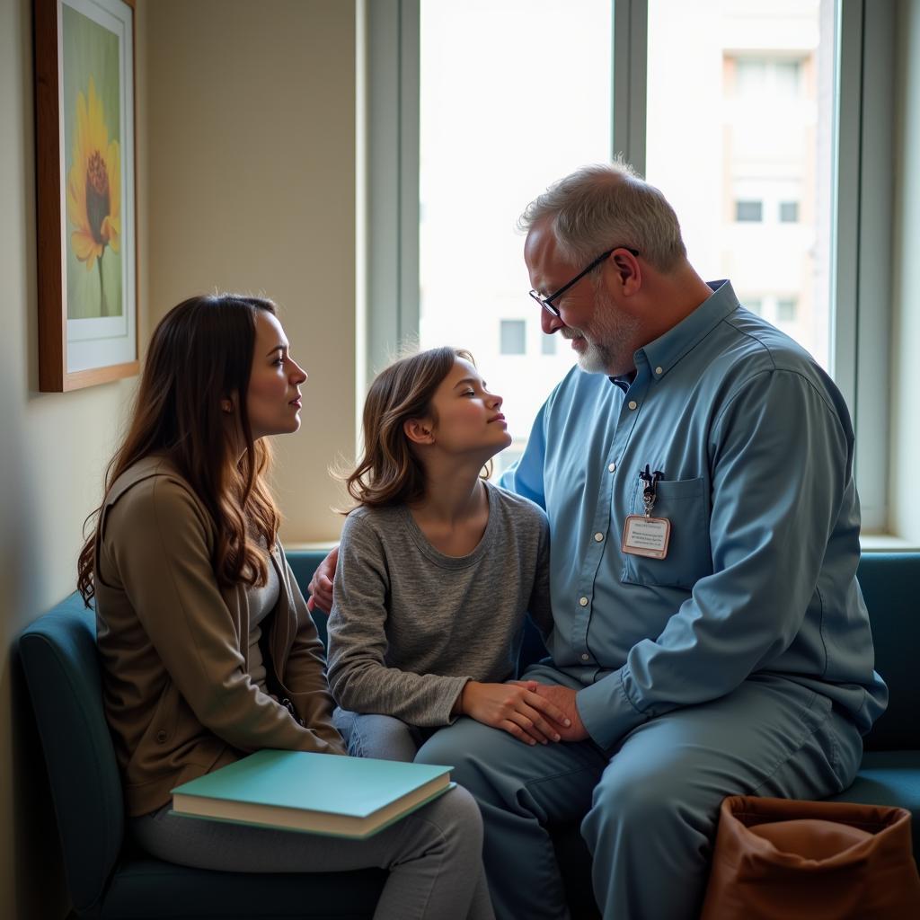 Hospital chaplain comforting a family.