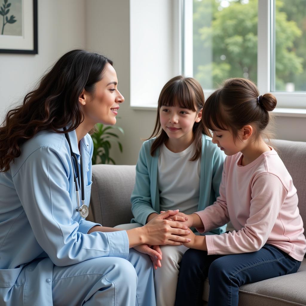 Hospital chaplain counseling a grieving family