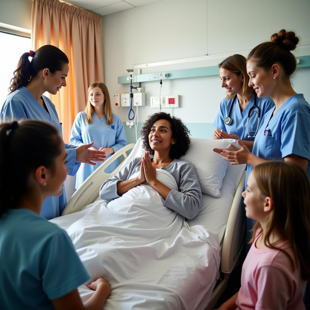 Hospital chaplain leading a prayer with family members