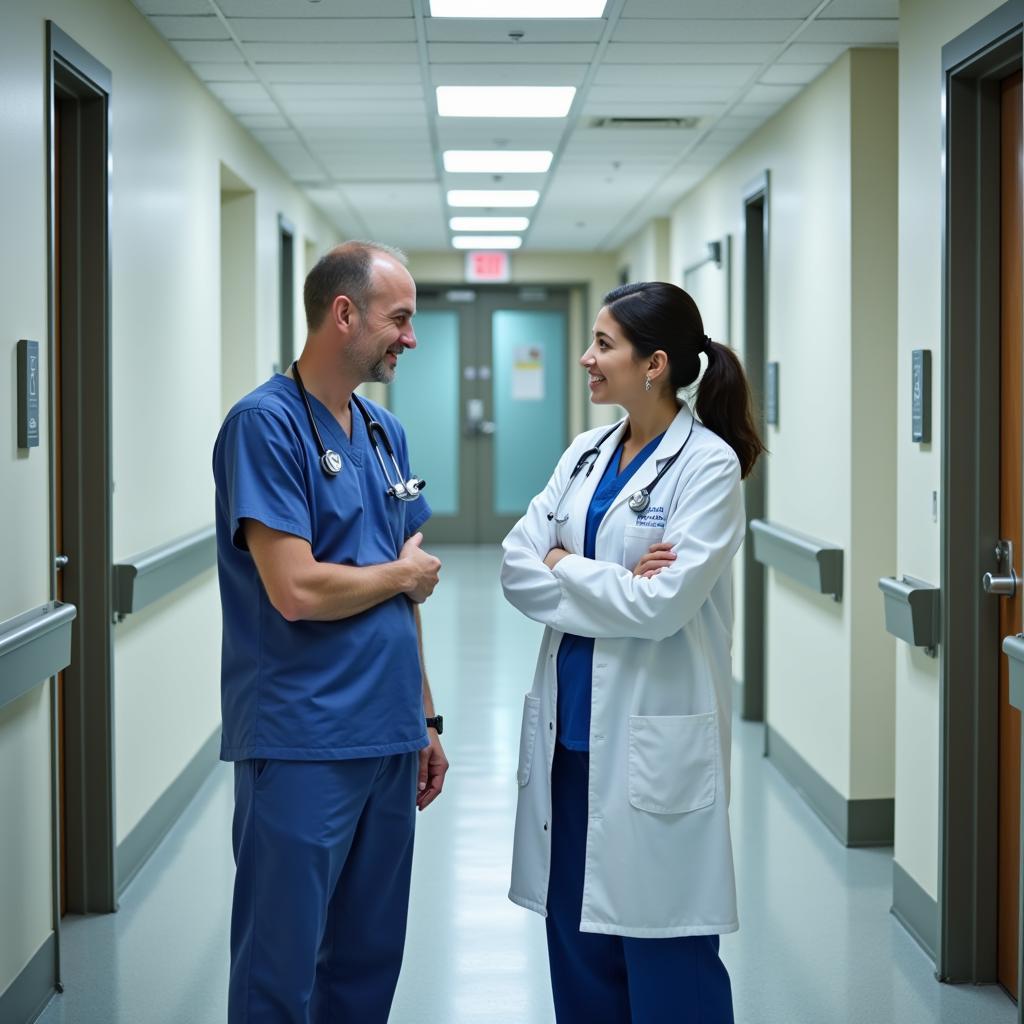 Hospital chaplain talking with a doctor