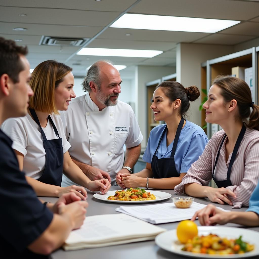 Hospital cook team meeting with a dietitian