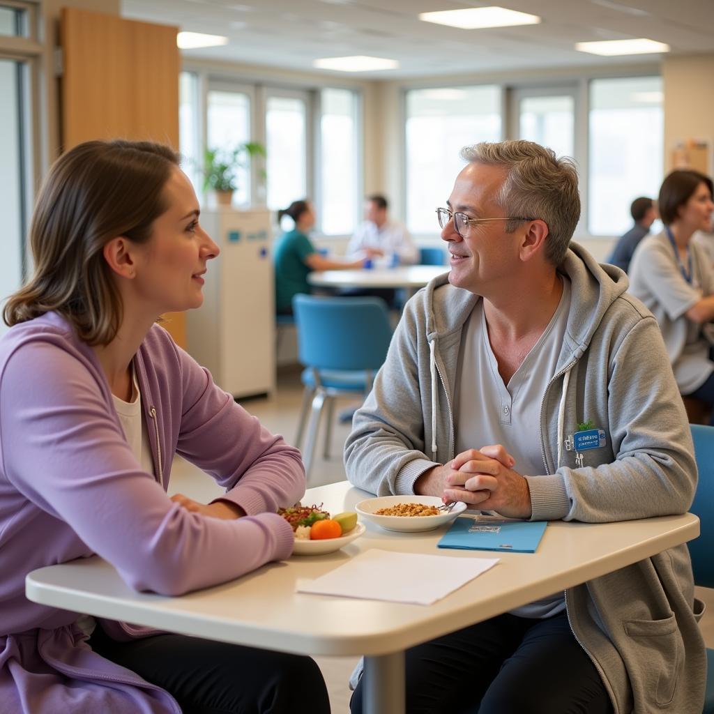 Patients socializing at a hospital eating table