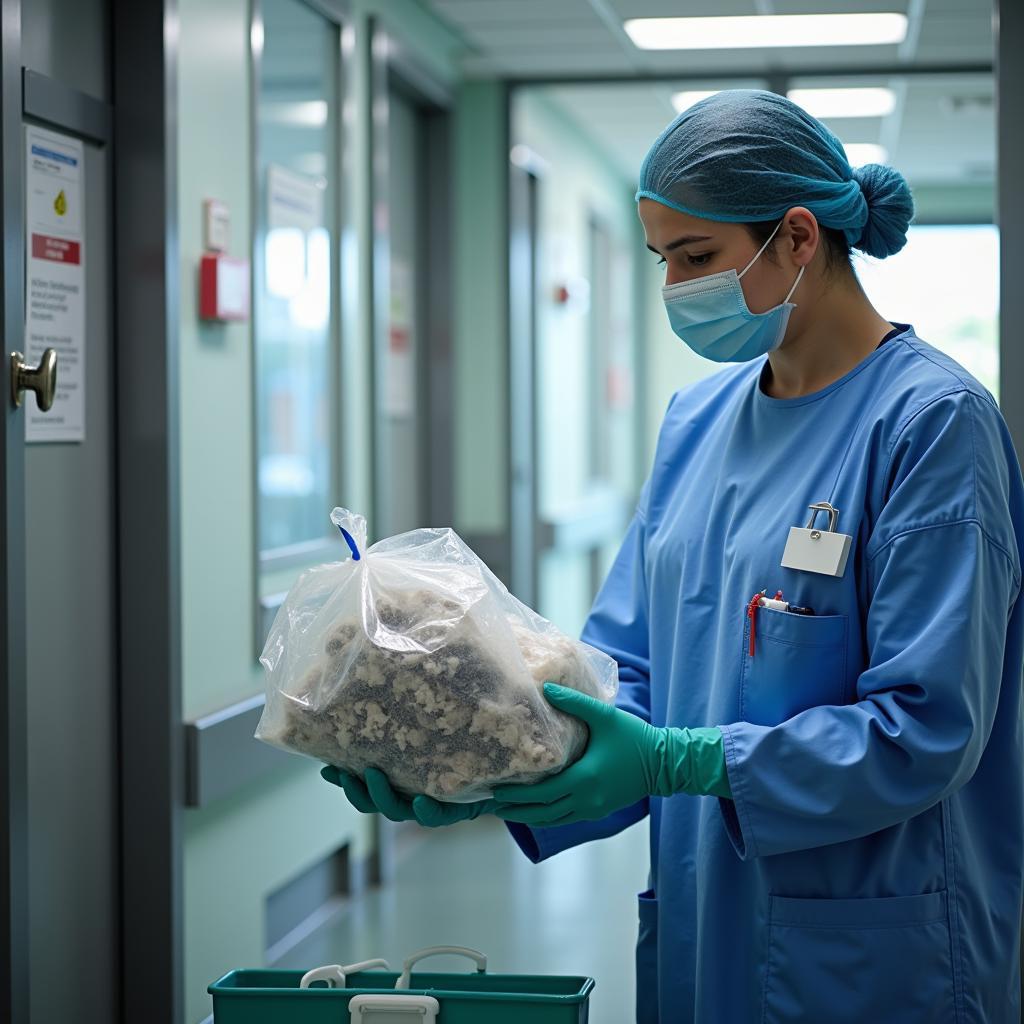 Hospital Environmental Services Technician Handling Medical Waste