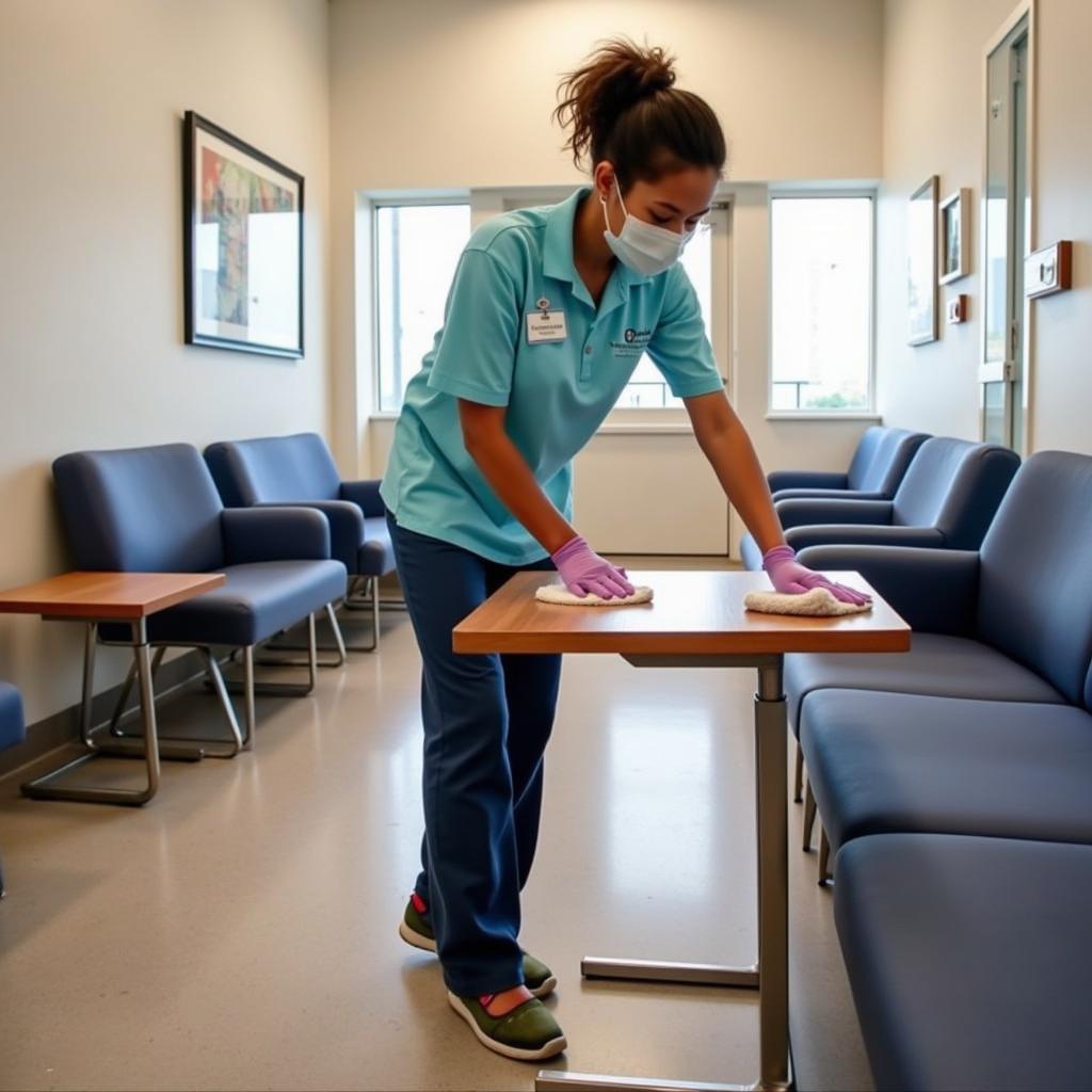 Hospital EVS staff maintaining cleanliness in public areas like waiting rooms.