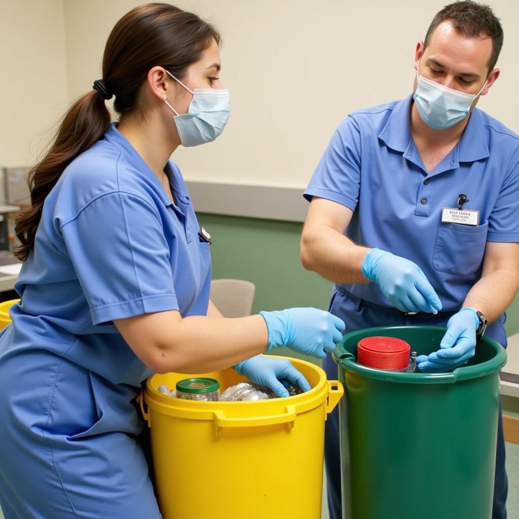 Hospital EVS staff handling medical waste disposal with proper safety protocols.