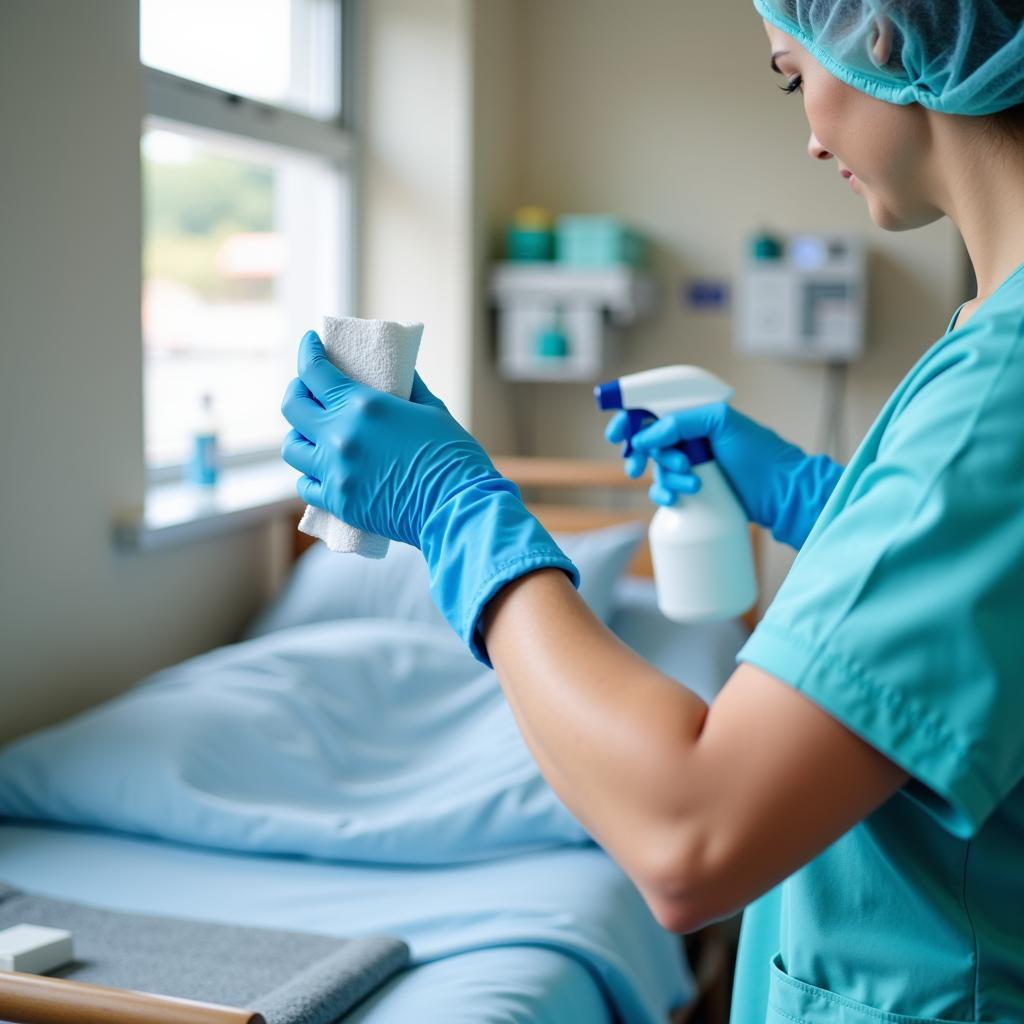 Hospital housekeeper carefully disinfecting surfaces